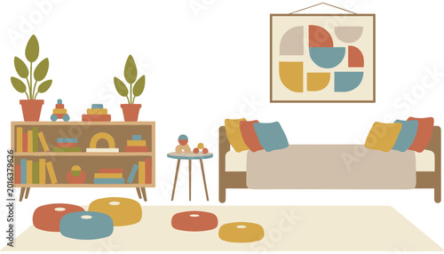 Tableau sur toile Colorful children playroom with bookshelf, toys, and activity table
