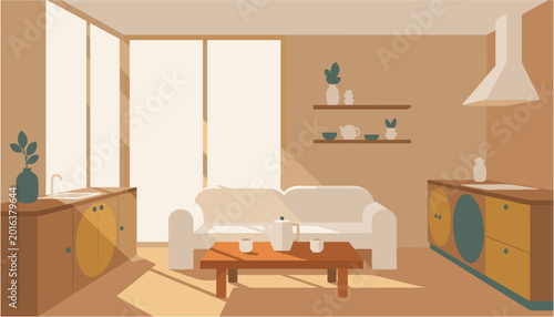 Bild auf Leinwand Modern cozy living room with white sofa and wooden coffee table near large windo