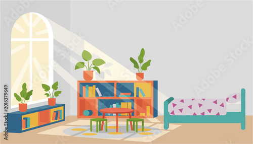 Photos Colorful toy playroom with bookshelf and slide for kids