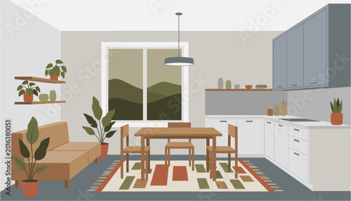 Cuadro en lienzo Modern cozy dining room with wooden table and large windows