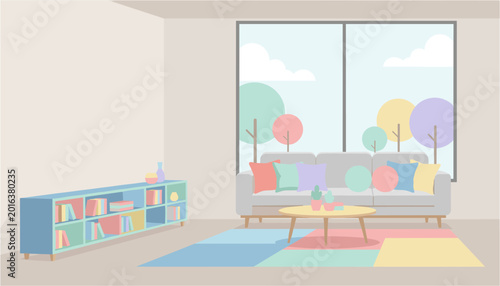 Tableau sur toile Bright children's playroom with colorful bookshelf and cozy seating area near la