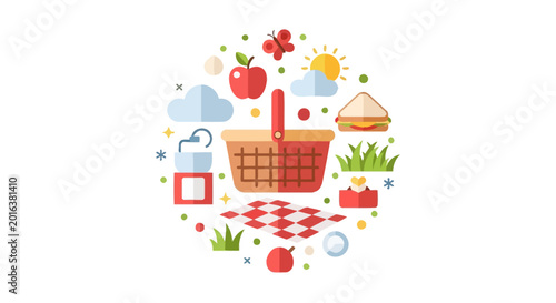 Flat Vector Illustration of Picnic Icons Circle with Basket, Blanket, and Food Elements