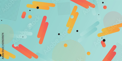 Abstract Memphis Style Pattern with Colorful Shapes and Dots.