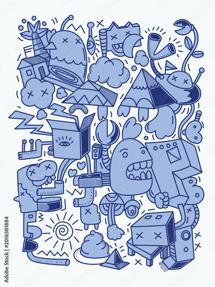 Fototapeta premium Cute hand drawn doodle cartoon characters funny expressions in blue color vector illustration, Perfect for creative backgrounds, stickers, posters, card, print designs.