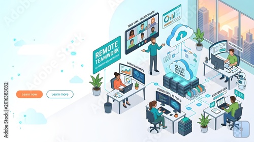 A detailed isometric illustration of remote teamwork and cloud computing in a modern office setting.