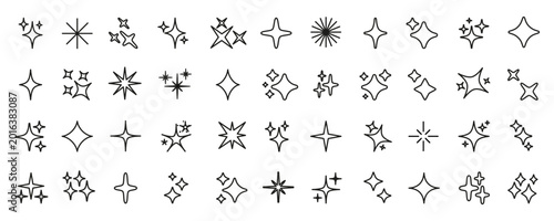 Minimalist decorative design shine sparkle and starburst line icon set with thin black editable stroke, bling stars sparkles signs