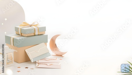 Elegant Ramadan gift boxes and crescent moon decor