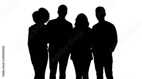 Black silhouettes of four people standing isolated on transparent background, Vector
