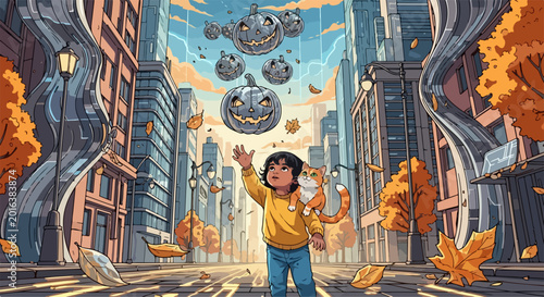 Whimsical animated child reaching for floating colorful objects in urban fantasy cityscape. Vector illustration with vibrant colors and dynamic composition.
