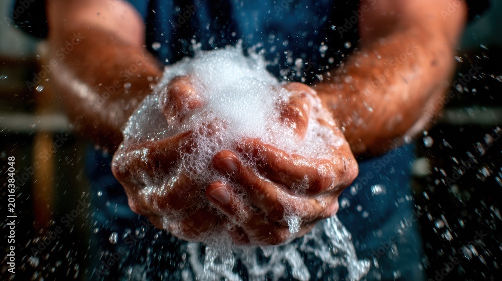 Fototapeta premium This image captures a pair of hands filled with soap bubbles, creating a dynamic splash of water. The close-up highlights the intricate details of soap and water interaction.
