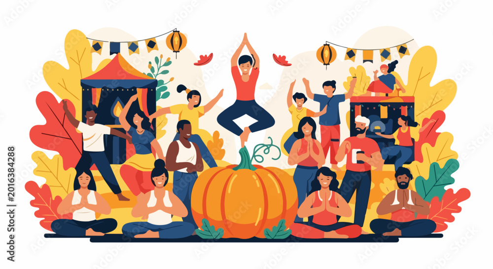 Fototapeta premium Autumn festival yoga class vector illustration with diverse people practicing meditation and poses around giant pumpkin.