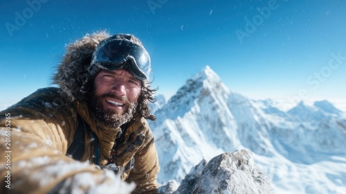 A stunning selfie of a climber at a snowy mountain peak, capturing the exhilarating moment of accomplishment and the breathtaking scenery of nature’s grandeur.