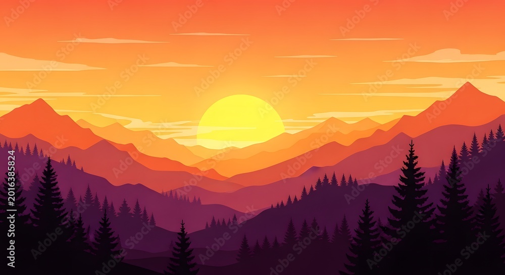 Fototapeta premium Vibrant mountain sunset landscape with silhouetted trees