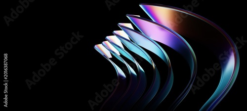 Abstract purple, green, and blue glass ribbons refracting light on a black background