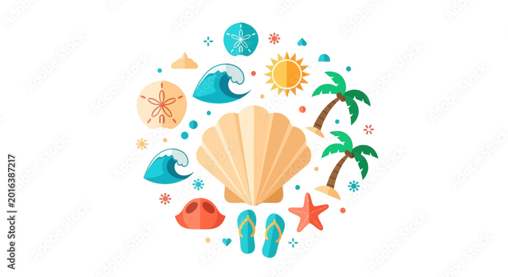Fototapeta premium Tropical Summer Beach Vacation Vector Icon Set Arranged in a Circular Design with Shells, Palm Trees, Sun, and Waves on White Background