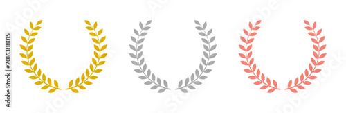 Foto Laurel wreath of victory icon, set of gold, silver and bronze medals, laurel fra