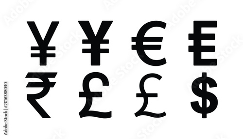 Currency Symbol Collection: Black silhouette of various global currency symbols including yen euro rupee pound and dollar arranged in two rows on a white background