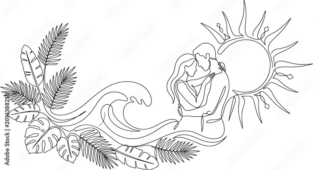 Obraz premium Romantic Couple with Sun Moon and Tropical Leaves Line Art Illustration
