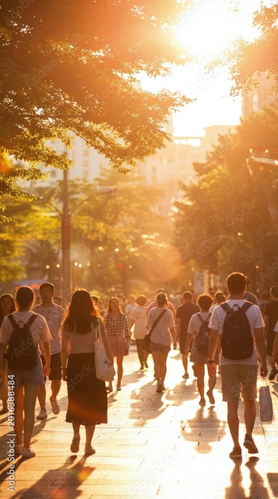 Fototapeta premium Intense golden hour glow, radiant warmth illuminating a bustling urban street, diverse people walking and commuting under bright light, conveying summer heat and vibrant city life