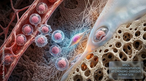 Mesenchymal stem cell, differentiating into chondrocyte and osteoblast, supporting skeletal tissue repair, demonstrating biological regeneration, advancing medical science research.
