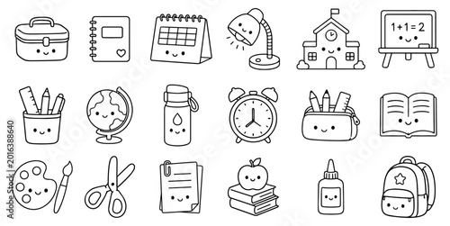 Cute Kawaii School Supplies Doodle Icons Set, Back to School Clipart Collection, Hand Drawn Education Objects Outline Vector Style