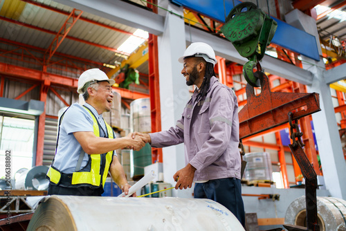 Asian foreman and hispanic worker shaking hands for success