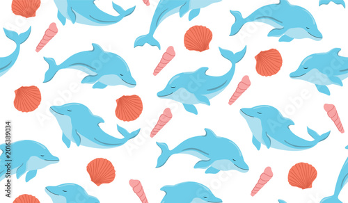 Foto Cute Dolphin Seamless Pattern with Seashells