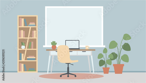 Modern home office workspace with desk, chair, laptop, bookshelf and plants
