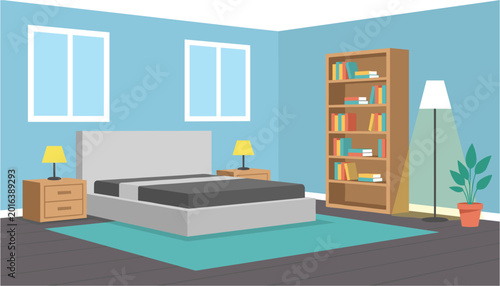 Foto Cozy bedroom interior with bookshelf and double bed