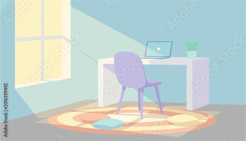 Modern home office workspace with desk, chair, laptop, and colorful rug under sunlight
