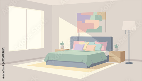 Foto Modern bedroom with cozy bed and abstract wall art under sunlight
