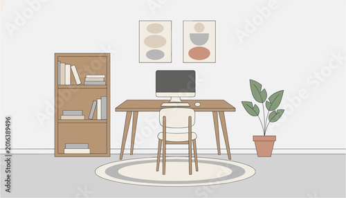Modern home office workspace with desk, chair, bookshelf, and potted plant