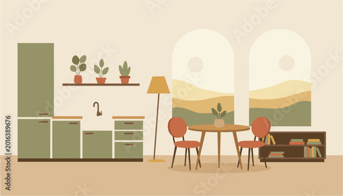 Quadro su tela Cozy modern kitchen dining area with wooden table and chairs