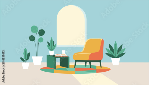Cozy armchair with coffee table and plants in a bright living room