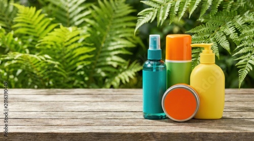 Colorful insect repellent spray and lotion bottles on a wooden table with fern background for summer outdoor banner and camping skincare display