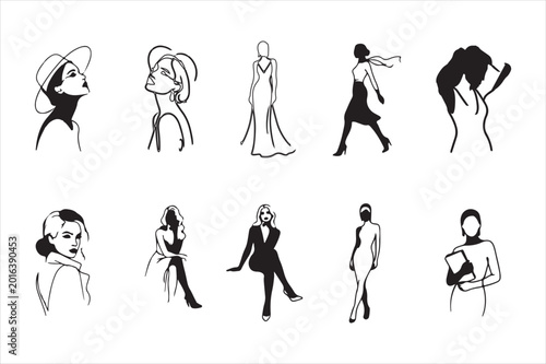 Set of silhouette drawings of elegant actresses in various artistic poses