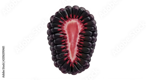 Half cut ripe black raspberry showing red juicy center isolated on transparent background.