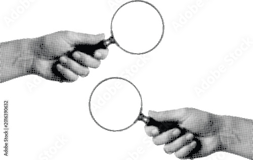 Two halftone hands holding magnifying glasses isolated on white background.