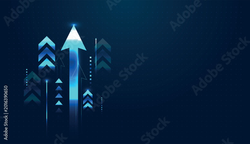 Konstfotografi Glowing blue arrows surge upward against a digital grid, symbolizing rapid growth in Business Finance