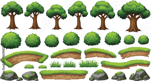 Set of cartoon trees bushes grass patches and rocks for game environment design in vector illustration format