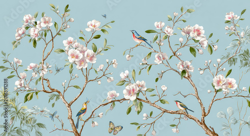 Illustrated flowering branches with small colorful birds and butterflies create an elegant vintage botanical scene on pale blue.