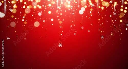 Festive red christmas background with snowflakes and golden bokeh lights