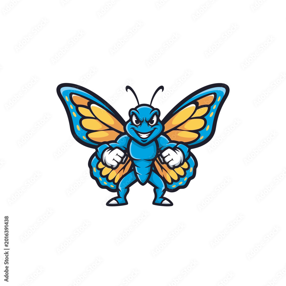 Obraz premium Strong Butterfly Mascot Muscle Character Vector Illustration