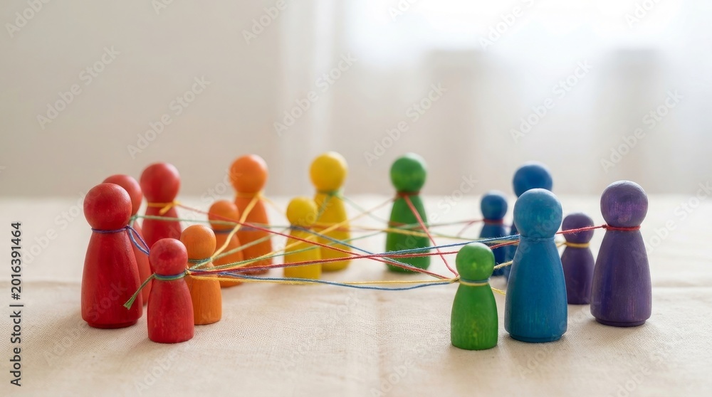 Obraz premium Colorful wooden figures connected with yarn strings representing teamwork and collaboration