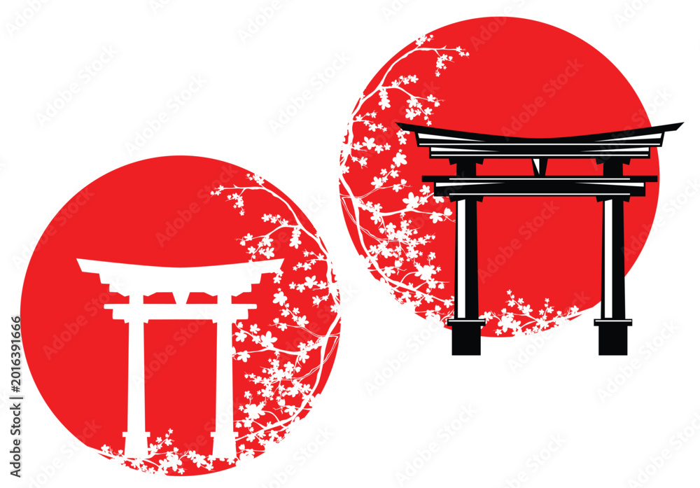 Φωτογραφία japanese shinto temple torii gate entrance among sakura branches - elegant asian