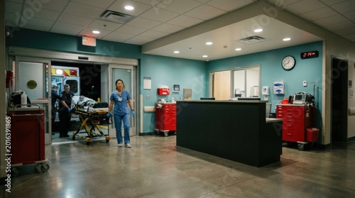 Nurse beside ambulance and gurney in emergency department entrance for hospital triage background and readiness banner