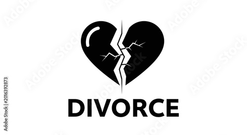 Divorce concept vector illustration with cracked heart symbol and Divorce text in black and white.