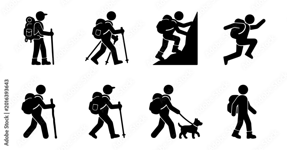 Fototapeta premium Hiking Icon Set, Backpacking Silhouette Collection, Outdoor Activity Vector Graphics