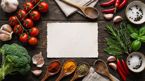 Fresh ingredients and spices on dark wooden surface