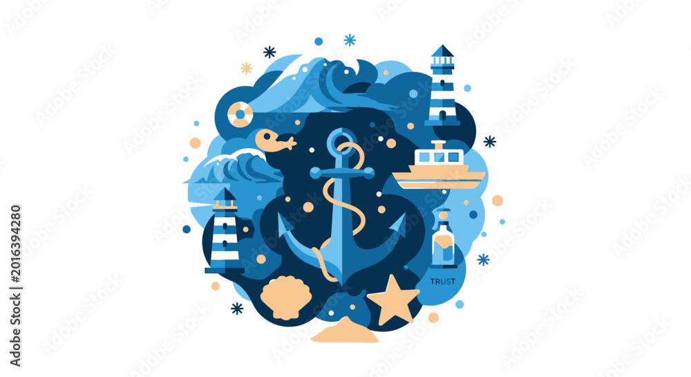 Fototapeta premium Nautical Theme Vector Illustration with Anchor, Lighthouse, Waves, and Ship Symbols - Maritime Adventure Concept on White Background